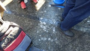 カレー機関の待機列は、パシフィコ横浜の屋根からの氷で困った状態に